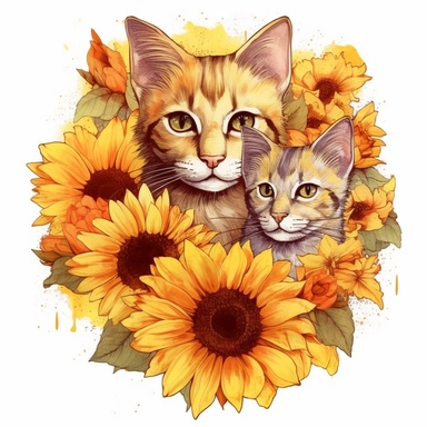 sunflowers and siamese drawn in watercolor, vector design, cutout,Sublimation Clipart ,Cartoon,hyper realistic, intricate detail, illustration style,high solution,on the white background