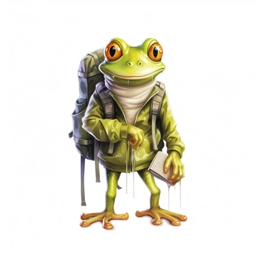 cute Frog character wearing camping clothes and camping gear with happy face,front facing on isolated background,with happy face and expression,Animal Sublimation Clipart,no splash watercolor,white background, ultra detailed clipart, cut out image, colorful watercolor realistic, cartoon style, ultra HD, sharp and clean art