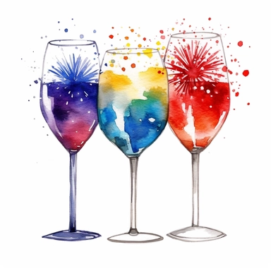 watercolor american patriotic set of three wine glasses clipart illustration, centred, vibrant colors, add fireworks display behind, on a white background, no watermark, no logo, no writing