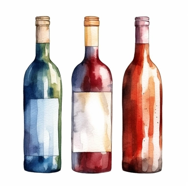 Wine bottle watercolor clipart, white background, neutral muted colors, high quality, hyperrealistic, detailed, vintage, color palette red, blue, white, picnic