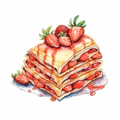 a watercolor Crepe with Strawberries dessert clipart, hd, on white background, spaced out