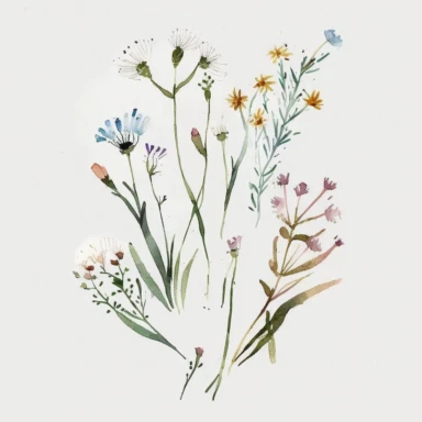 very simple and minimalistic wild flowers clipart, watercolor wild flowers, individual, white background