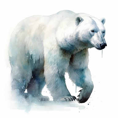 High level watercolor, hyper realistic, white background with borders, 8k, ultra detailed clipart, big, futuristic, snow bear walking through the forest, its frosty breath creates swirling snowflakes and ice formations in the air, fabulous, cool, pastel blue