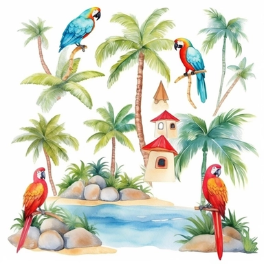 Tropical island beach clipart set isolated on white, watercolor, turquoise, red parrot, - - no photograph