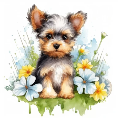 An intricately detailed watercolor clipart illustration displaying an ultra-realistic [specific design idea, like Adorable cute beby Yorkshire Ter'er sits, grass and flowers on the back of the puppy  ], isolated on a white background, in the style of ultra-detailed watercolor clipart illustrations, HDR watercolor clipart illustrations, 32K watercolor clipart illustrations, hyperrealistic watercolor clipart illustrations, ultra-intricate watercolor clipart illustrations, high-resolution watercolo