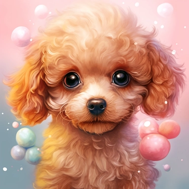 a semi realistic toy poodle puppy with ultra detailed big eyes in watercolor, in the style of pastels, nightcore, yup'ik art, high resolution, realistic oil paintings, cartoonish innocence, uhd image - an illustration of a watercolor drawing on the ground, in the style of light pink and amber, shiny eyes, miniaturecore, sketchfab, charming character illustrations, oil paintings, lightbox - painting with puppy eyes, watercolor illustration, cute cartoonish designs, magali villeneuve, uhd image, s