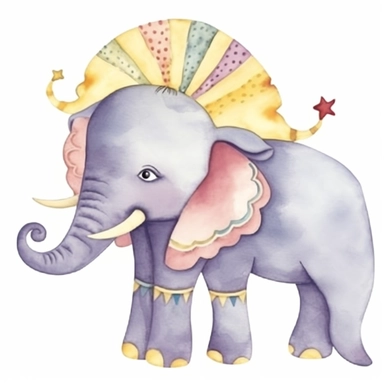 One cute decorated circus elephant clipart, style as seen on Etsy. Cartoonish appearance with exaggerated body proportions, but atomically correct limb positions and number. Elephant is lying down, with legs tucked under his body, trunk curled arround. Pe