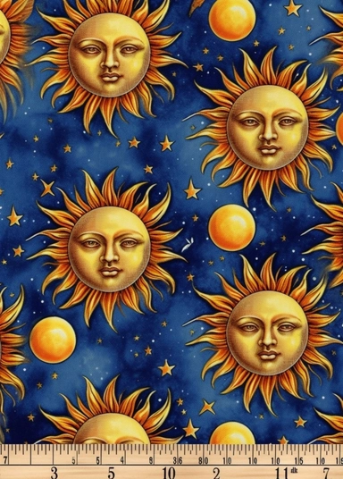 a fabric with suns and stars on it, in the style of blue and amber, ruth sanderson, distinctive noses, andrea mantegna, celestialpunk, spacecore, celestial, white background, clipart