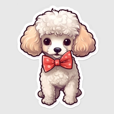 full body poodle dog sticker with bow on head, modern style animated, white background, cute eyes, die cut sticker, no image noise, clipart, no hyper detailed lettering, maximum detail-8k