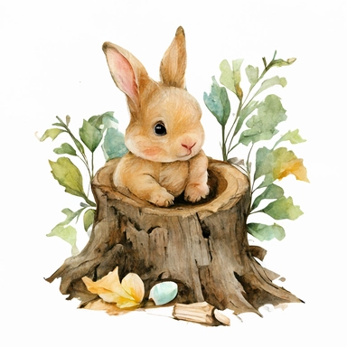 a cute happy baby sitting bunny playing with wooden clipart in watercolor sketch, woodland animal, white backround,