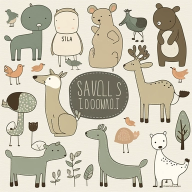 clipart featuring cute, whimsical animals in a variety of poses and situations. The clipart should have a hand-drawn, sketchy style with soft, muted colors to give them a vintage feel. The animals could include woodland creatures such as foxes, rabbits, and deer, or domestic animals such as cats, dogs, and horses. The animals should be depicted doing everyday activities, such as sleeping, eating, playing, or cuddling. Consider including additional elements such as flowers, leaves, or trees to ad