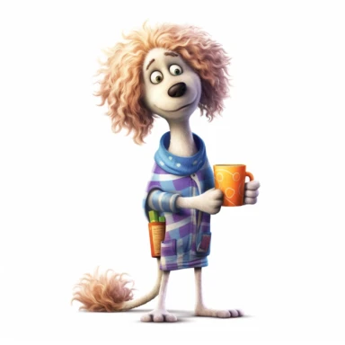 a very skinny dog with frizzed out hair, holding a mug of coffee, tired, pajamas, perfect placement of tail, pixar style, full body image, clipart, white background