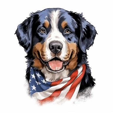 watercolor clipart illustration of a bernese mountain dog wearing a bandana, red white and blue, hand painted details, clean and simple designs, solid background color, spaced out