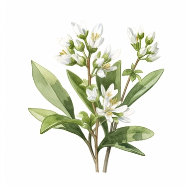 A clipart of a flowering woodruff plant, featuring tiny white blossoms clipart, white background, watercolor sophisticated drawing