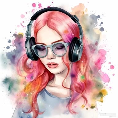 watercolor clipart with wihite background enchanting red haired girl with headphones and black sunglasses on with a beautiful background pastel pinks and black! a fantasy world of world of whimsy and wonder with these detailed and adorable is meticulously designed with charming features, vibrant colors, and intricate details that will captivate both children and adults alike
