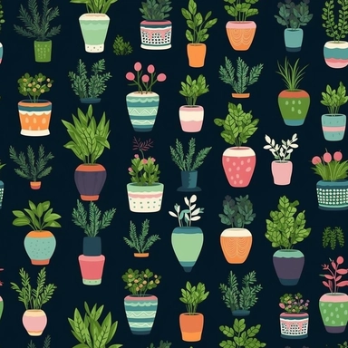 A cheery, clipart-style pattern of various potted plants, each with its own unique character and charm. Some pots have blooming flowers, while others host succulents, ferns, and even bonsai trees. The colors are mild and soothing, and the pattern seamlessly repeats, creating an endless garden, perfect for creating a calm, green space on any wall.