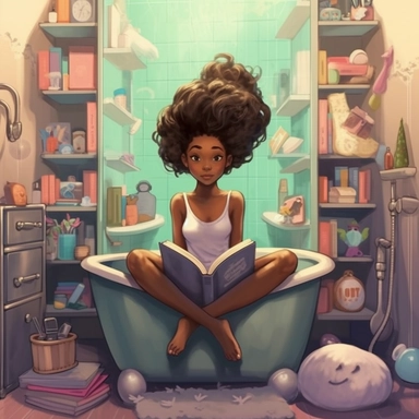 african american teenager girls stuck in a bathtub with books in the white house bathroom in the style of dr. seuss with a simple pastel color palette clip art--ar 10:8