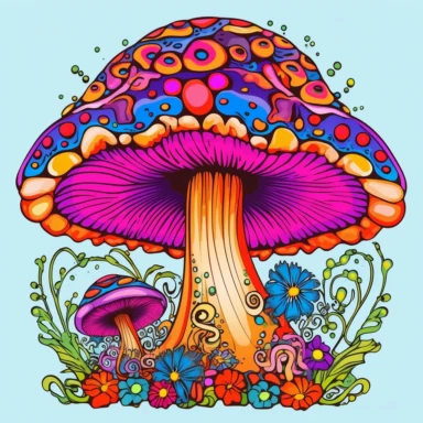 Trippy Mushroom psychedelic and vibrant clipart whimsical and surreal appearance, with bright and contrasting colors. It should evoke a sense of playfulness and a psychedelic experience Illustrative and cartoonish with exaggerated proportions and shapes Colors Vibrant and contrasting colors like neon pink, electric blue, lime green, and purple unique patterns and textures swirling patterns, dots, or gradients. It can also have eyes or other surreal elements incorporated into its design Transpare