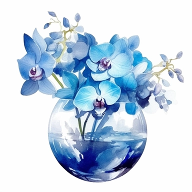 Beautiful vivid watercolor blue orchids, fancy round glass vase, creative décor, illuminated with the sun’s rays, isolated white background, clipart, hd quality
