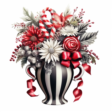 red whimsical Christmas bouquet of flowers, Christmas decorations in the mix, candy canes sticking out of it, in a Mackenzie child style whimsical large black and white vase with a red and white striped bow 8k clipart