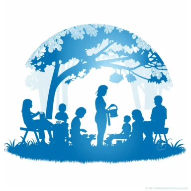 Language picnic, comic, clipart, silhouette, one color, color #1B587E, blue, kids, picnic, white background