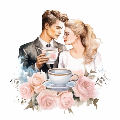 beauty couple drinking coffee, vintage cups, flower digital clipart on white background