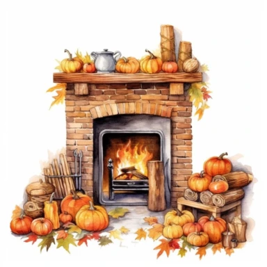 cozy autumn fireplace with a crackling fire clipart, detailed, hd, watercolour, white background, spread out
