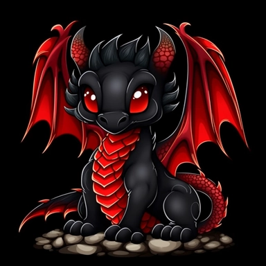 cute cartoon black and red dragon clipart, black background,--no cut off edges
