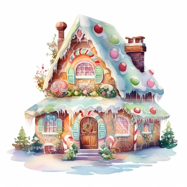 watercolor beautiful vintage Christmas gingerbread house candy house with icing fantasy clipart, whimsical, detailed watercolor style, on white background