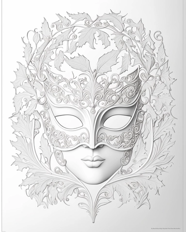 white coloring page of a white masquerade mask with intricate cut-outs, delicate linework, simplified line work, free brushwork, 15th century vintage masquerade for adults black and white drawings, in the style of tanya shatseva, in the style of fantasy illustrations, in the style of fantasy illustrations, in the style of art nouveau-inspired illustrations, in the style of intricate pen drawings, in the style of intricate linework, in the style of detailed linework, kinuko y. craft, luca della r