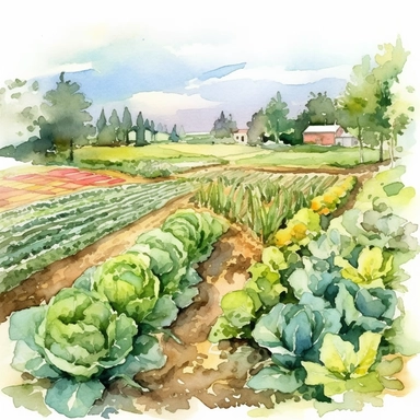 A depiction of a flourishing vegetable garden with rows of crops, highlighting the self-sufficiency and bounty of a farm, light watercolor, watercolor splash, few details, Studio Ghibli, clipart, white background