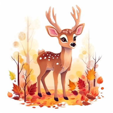 cute vivid clip art of an adorable buck deer in a fall season forest, bold color, white background