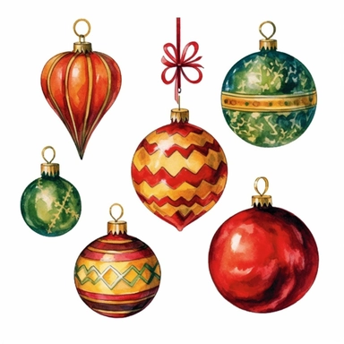 watercolor clipart of Christmas toys, red green gold colors, isolated on white background