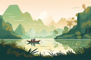 Mountains vector file. Forest landscape clipart. Camping and travel print.People guide their boats through tranquil, water color-like green reeds and algae on the Karatoya River in Bogra, Bangladesh Vector flat illustration