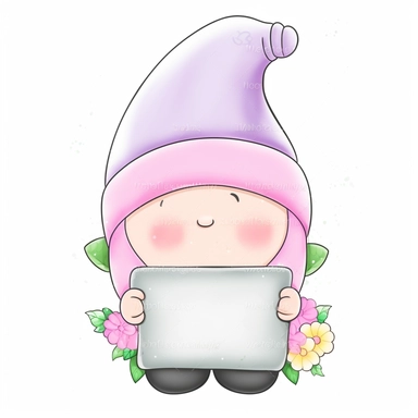 an adorable, cute clipart-style Gonk gnome illustration, perfect for Mother's Day product designs. The gnome should have a sweet, cheerful expression and wear a soft pastel-colored outfit, incorporating gentle shades of pink, lavender, and mint green to convey a warm, motherly vibe. The Gonk gnome should be holding a blank whiteboard in front of him, providing a customizable space for personalized messages or designs. Add charming details such as a floral-patterned hat and a heart-shaped pendant