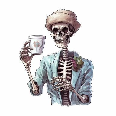 Skeleton barista handing out a cup of coffee, cartoon cutout style by Lucy Fleming, watercolor, smooth gradients, black contour outline, ultra detailed, clipart elements, delicate pastel colors, solid white background, super clear, high quality