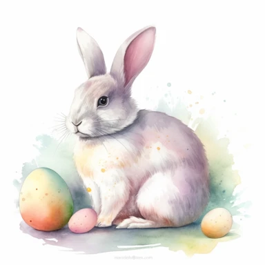 Create a watercolor clipart of a spaced-out bunny sitting next to an Easter egg, with a fully white background. The medium should be watercolor, giving the image a soft and fluid look. The style should feature gentle brushstrokes and pastel colors, capturing the delicate and whimsical nature of bunnies. The lighting should be soft and diffused, conveying a sense of warmth and comfort. The color palette should be light and airy, using soft pastels that accentuate the gentle and playful nature of 
