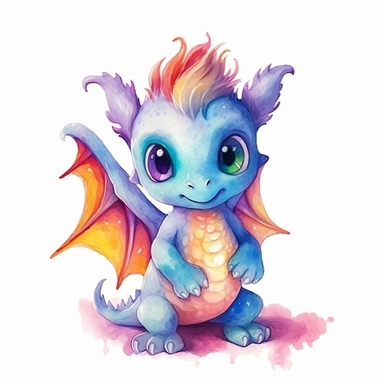 Cute happy Watercolor rainbow Baby Dragon Clipart, on a white background--s 1000