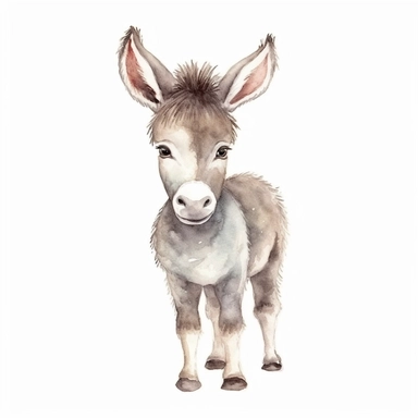 a childish baby donkey with kind eyes clipart with watercolor illustration,full body shot,8k,etsy style, white background