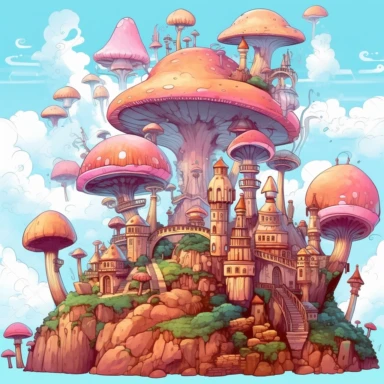fantasy mushroom city in the clouds. clipart. watercolour.