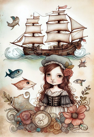 WHIMSICAL FANTASY Magical NAUTICAL SCENE with sea shells and butterflies and a CUTE PIRATE GIRL AND PIRATE SHIP by [Rebecca Latham + Sarah Stribbling + sumi-e + nicoletta ceccoli], epic scene, soft watercolor vintage CLIPART, illustration, hyper realistic, intricate detail clipart, watercolor, painterly, Jean-Baptiste Monge, drawing on top of old grunge beautiful scrapbooking background paper, old paper texture, decoupage printable digital background, distressed borders, vintage borders, grunge 