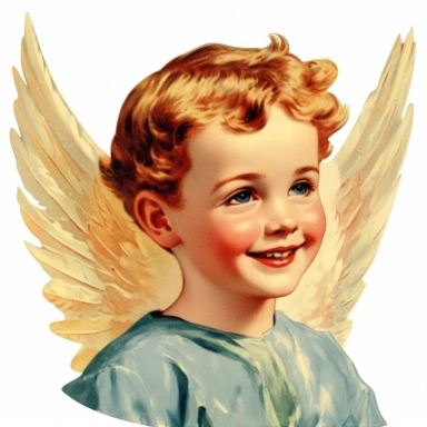 Vintage 1920 Portrait Shot View Of a Happy child head with Angel Wings Behind it Illustration , in the style of late 19th century, Chromolithograph, 1920s Illustration, Vintage, Chromolithograph, Colorful, Antique, Ephemera, Clipart, 8k, Isolated on white