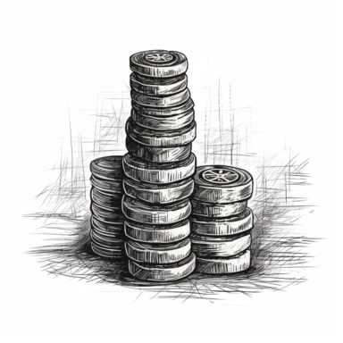 A stack of coins gradually increasing in size, symbolizing the growth in revenue generated by a well-executed SEO and lead generation campaign. high-contrast sketch,black and white, strong design elements, clipart