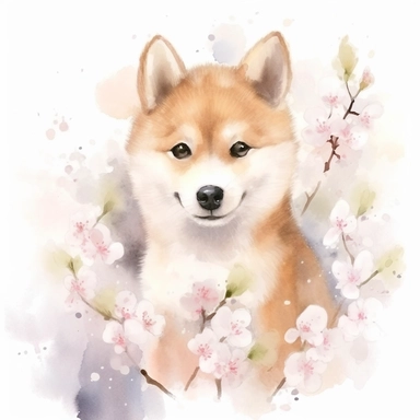 watercolor puppy dog shiba clipart , hight detail, cute, kawii , fresh Sakura, cheerful ,postcard