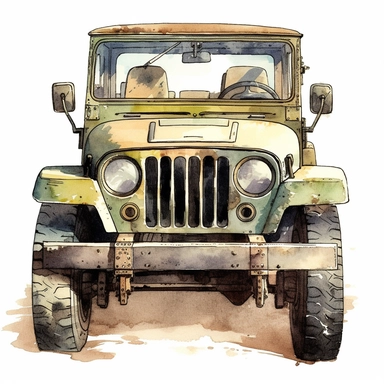 vintage watercolor illustration of empty cartoon safari jeep, facing the camera head on, no roof, clipart