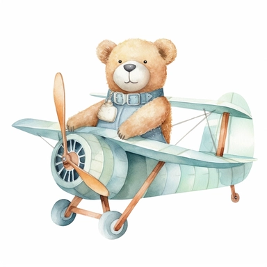 adorable light blue teddy bear flying an aeroplane, hand painted, watercolor, clipart, white background
