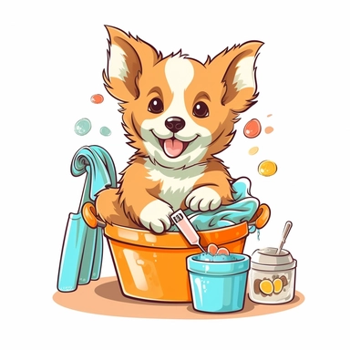 Clipart of a cute dog cleaning the house kawaii style full multicolor white background