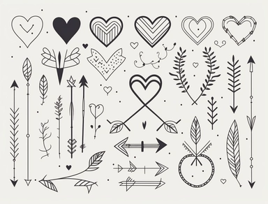 arrow clipart set with hearts and arrows, in the style of whimsical line work, double lines, ornamental details and embellishments, simple line drawings, flat shapes, delicate markings, black lines, white background, made of all of the above, vector image