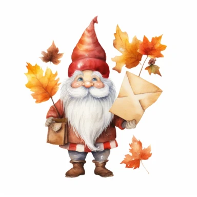 autumn Mail Gnome Clipart, watercolor illustration, single object, white background for removing background