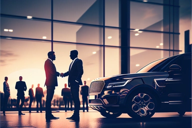 stock clipart, profiles of business people in front of car dealership, shaking hands, octane rendering, high detail, detail, sharp focus, noise reduction, vfx, post processing, 8k, no blur,